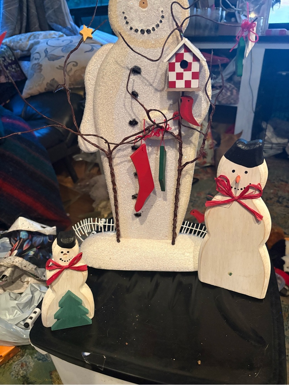 Source Unknown White Glitter & Natural Wood Snowman Trio with Red Accents